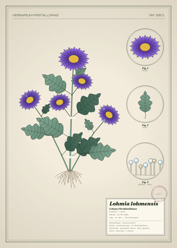 Botanische Tafel: Lohmia lohmensis, eine erfundene Pflanze aus Lohme, gezeichnet wie in einem alten Pflanzenatlas