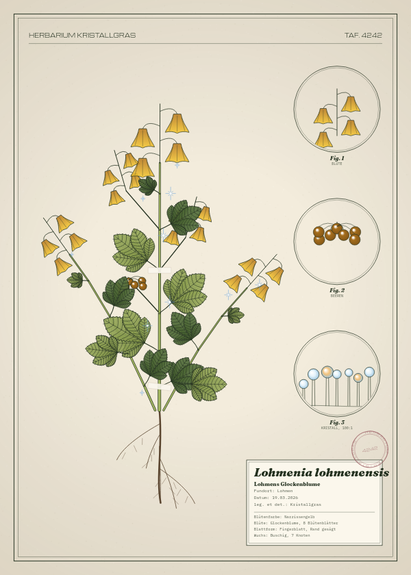 Botanische Tafel: Lohmenia lohmenensis, eine erfundene Pflanze aus Lohmen, gezeichnet wie in einem alten Pflanzenatlas