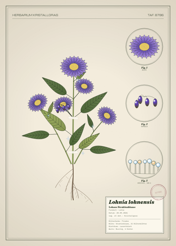 Botanische Tafel: Lohnia lohnensis, eine erfundene Pflanze aus Lohne, gezeichnet wie in einem alten Pflanzenatlas