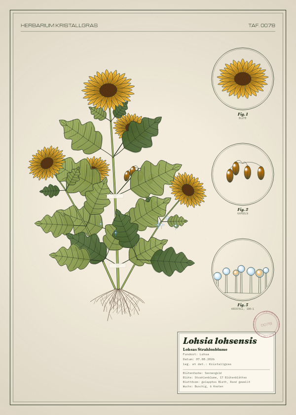 Botanische Tafel: Lohsia lohsensis, eine erfundene Pflanze aus Lohsa, gezeichnet wie in einem alten Pflanzenatlas