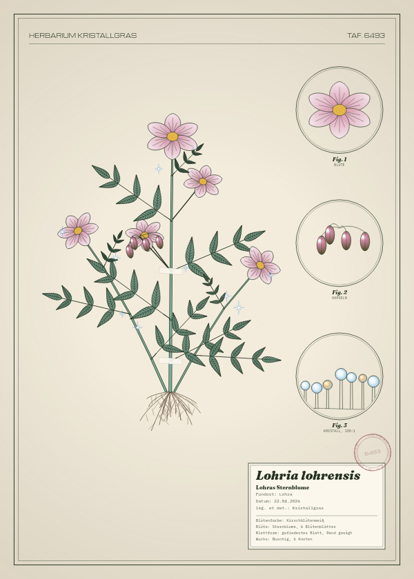 Botanische Tafel: Lohria lohrensis, eine erfundene Pflanze aus Lohra, gezeichnet wie in einem alten Pflanzenatlas