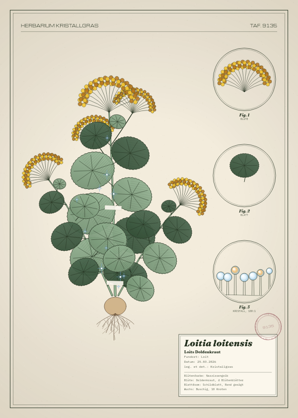 Botanische Tafel: Loitia loitensis, eine erfundene Pflanze aus Loit, gezeichnet wie in einem alten Pflanzenatlas