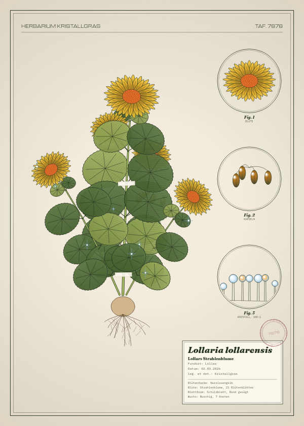 Botanische Tafel: Lollaria lollarensis, eine erfundene Pflanze aus Lollar, gezeichnet wie in einem alten Pflanzenatlas