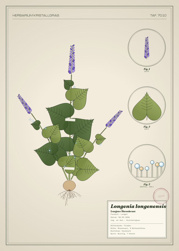 Botanische Tafel: Longenia longenensis, eine erfundene Pflanze aus Longen, gezeichnet wie in einem alten Pflanzenatlas