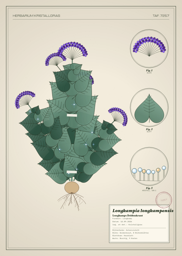 Botanische Tafel: Longkampia longkampensis, eine erfundene Pflanze aus Longkamp, gezeichnet wie in einem alten Pflanzenatlas