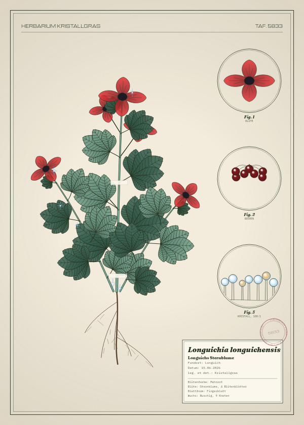 Botanische Tafel: Longuichia longuichensis, eine erfundene Pflanze aus Longuich, gezeichnet wie in einem alten Pflanzenatlas