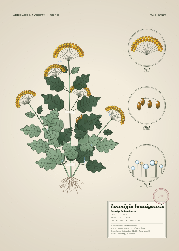 Botanische Tafel: Lonnigia lonnigensis, eine erfundene Pflanze aus Lonnig, gezeichnet wie in einem alten Pflanzenatlas