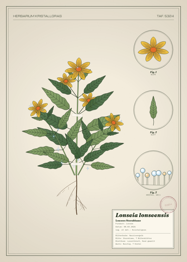 Botanische Tafel: Lonseia lonseensis, eine erfundene Pflanze aus Lonsee, gezeichnet wie in einem alten Pflanzenatlas