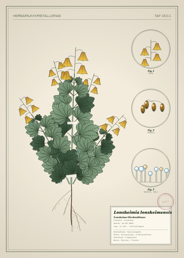 Botanische Tafel: Lonsheimia lonsheimensis, eine erfundene Pflanze aus Lonsheim, gezeichnet wie in einem alten Pflanzenatlas