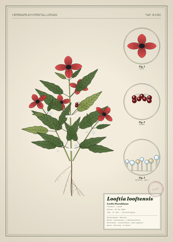 Botanische Tafel: Looftia looftensis, eine erfundene Pflanze aus Looft, gezeichnet wie in einem alten Pflanzenatlas