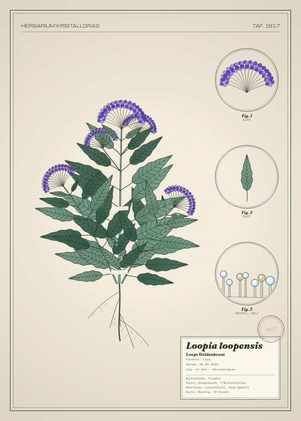 Botanische Tafel: Loopia loopensis, eine erfundene Pflanze aus Loop, gezeichnet wie in einem alten Pflanzenatlas