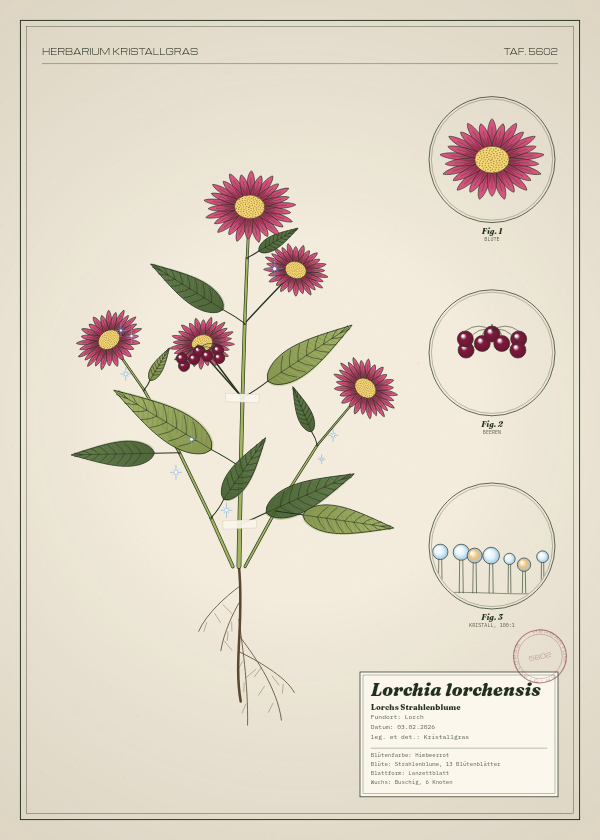 Botanische Tafel: Lorchia lorchensis, eine erfundene Pflanze aus Lorch, gezeichnet wie in einem alten Pflanzenatlas