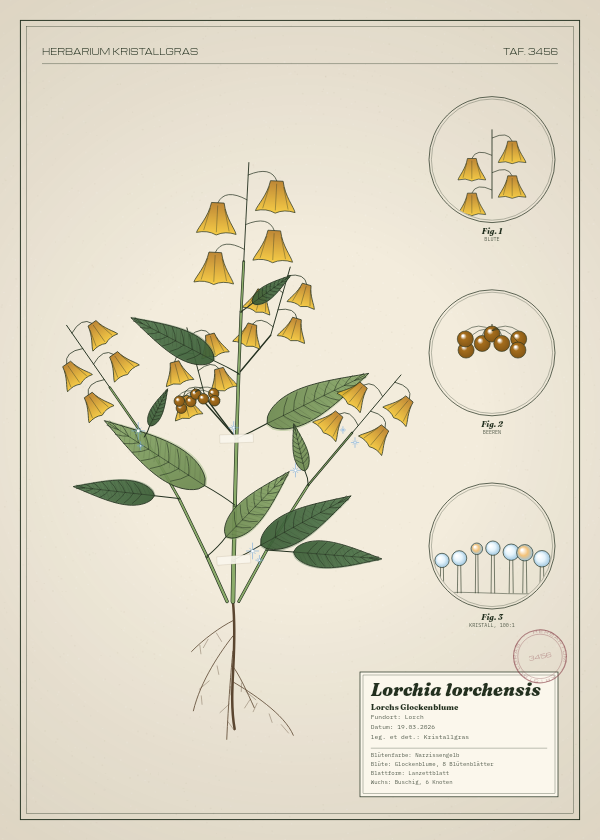 Botanische Tafel: Lorchia lorchensis, eine erfundene Pflanze aus Lorch, gezeichnet wie in einem alten Pflanzenatlas