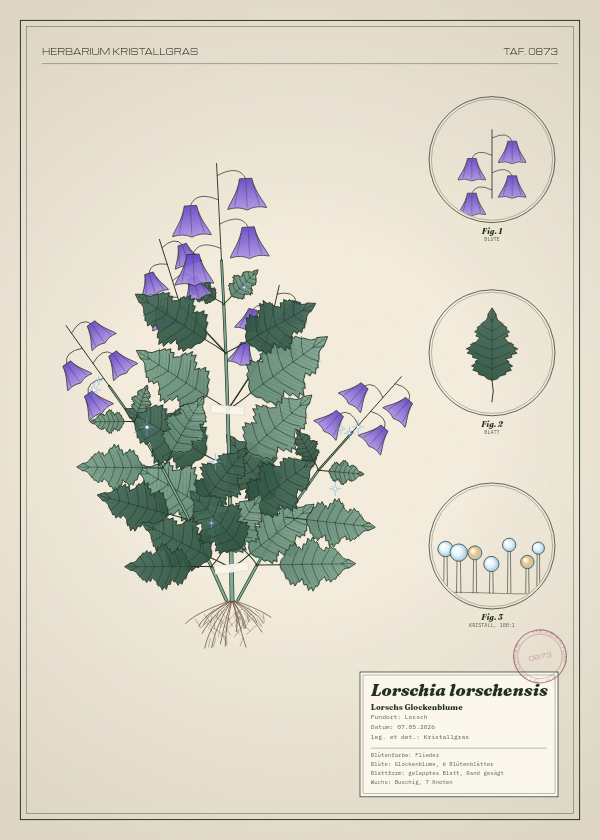 Botanische Tafel: Lorschia lorschensis, eine erfundene Pflanze aus Lorsch, gezeichnet wie in einem alten Pflanzenatlas