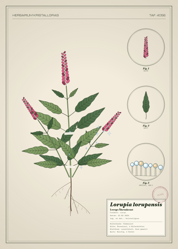 Botanische Tafel: Lorupia lorupensis, eine erfundene Pflanze aus Lorup, gezeichnet wie in einem alten Pflanzenatlas