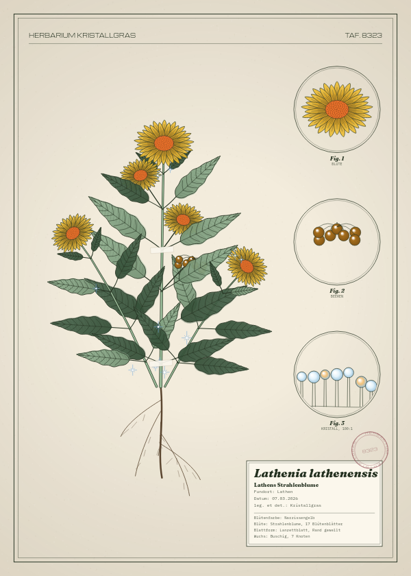 Botanische Tafel: Lathenia lathenensis, eine erfundene Pflanze aus Lathen, gezeichnet wie in einem alten Pflanzenatlas