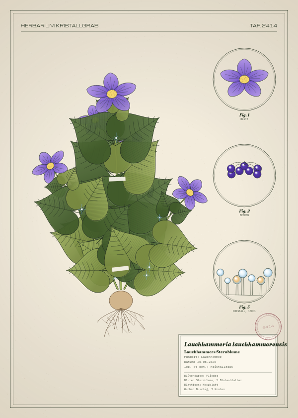 Botanische Tafel: Lauchhammeria lauchhammerensis, eine erfundene Pflanze aus Lauchhammer, gezeichnet wie in einem alten Pflanzenatlas