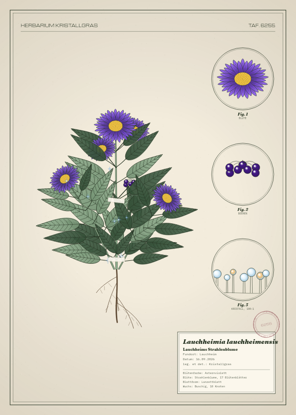 Botanische Tafel: Lauchheimia lauchheimensis, eine erfundene Pflanze aus Lauchheim, gezeichnet wie in einem alten Pflanzenatlas