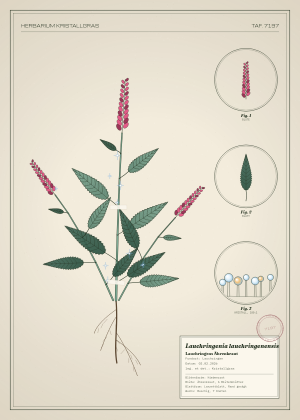 Botanische Tafel: Lauchringenia lauchringenensis, eine erfundene Pflanze aus Lauchringen, gezeichnet wie in einem alten Pflanzenatlas