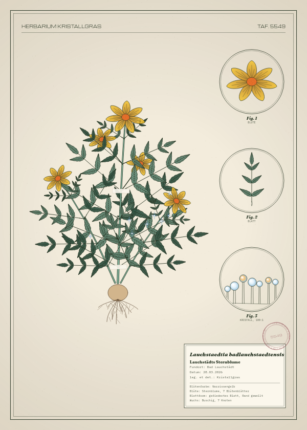 Botanische Tafel: Lauchstaedtia badlauchstaedtensis, eine erfundene Pflanze aus Bad Lauchstädt, gezeichnet wie in einem alten Pflanzenatlas