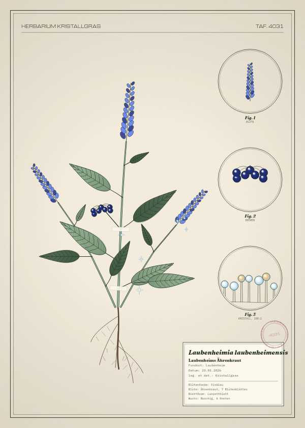 Botanische Tafel: Laubenheimia laubenheimensis, eine erfundene Pflanze aus Laubenheim, gezeichnet wie in einem alten Pflanzenatlas