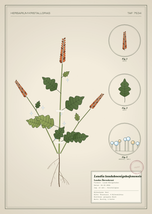 Botanische Tafel: Laudia laudakoenigshofenensis, eine erfundene Pflanze aus Lauda-Königshofen, gezeichnet wie in einem alten Pflanzenatlas
