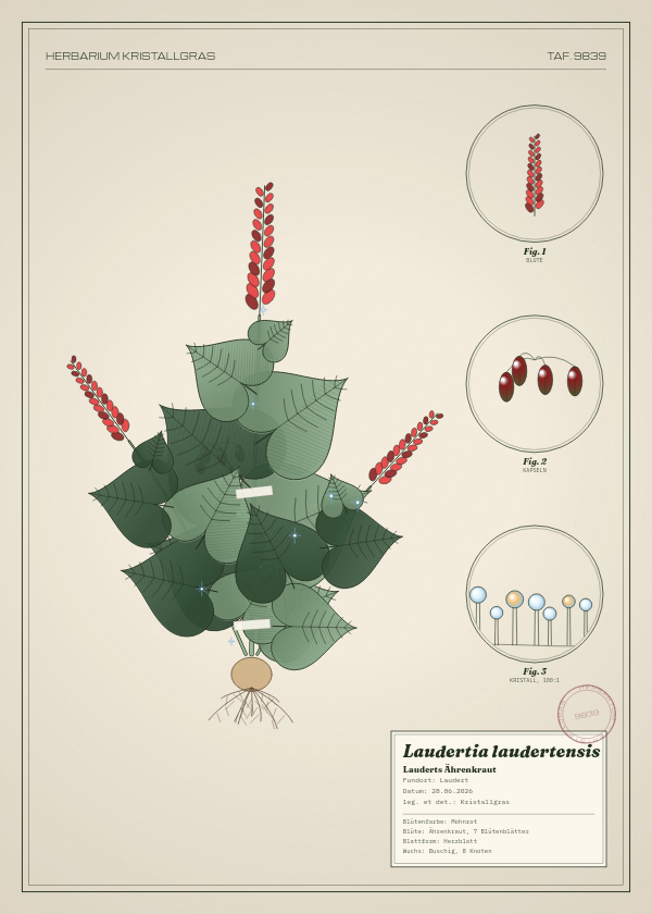 Botanische Tafel: Laudertia laudertensis, eine erfundene Pflanze aus Laudert, gezeichnet wie in einem alten Pflanzenatlas