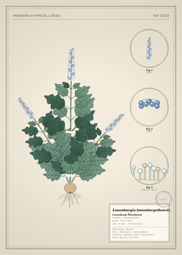 Botanische Tafel: Lauenburgia lauenburgelbensis, eine erfundene Pflanze aus Lauenburg/Elbe, gezeichnet wie in einem alten Pflanzenatlas