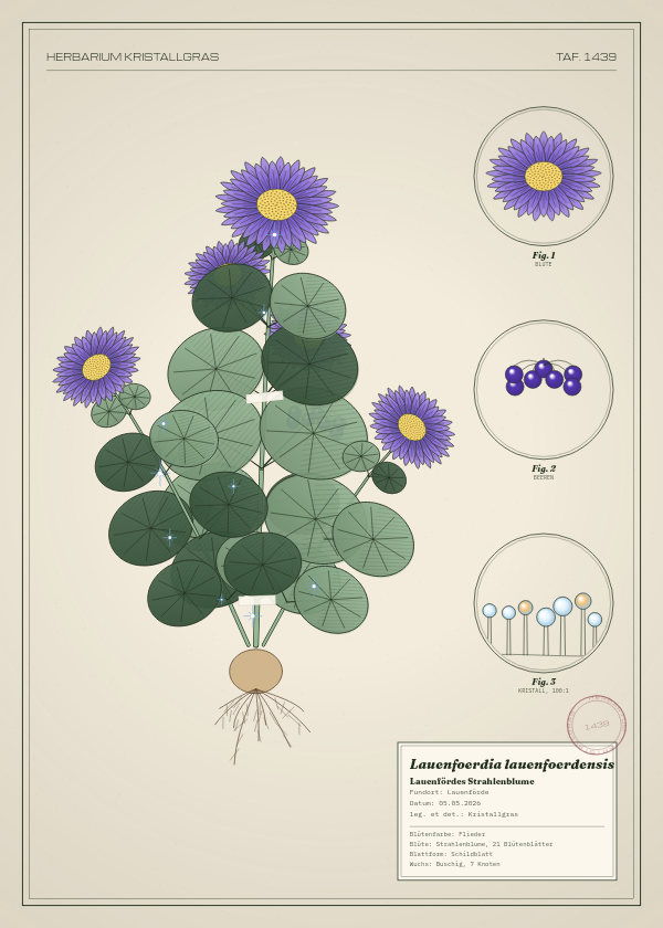 Botanische Tafel: Lauenfoerdia lauenfoerdensis, eine erfundene Pflanze aus Lauenförde, gezeichnet wie in einem alten Pflanzenatlas