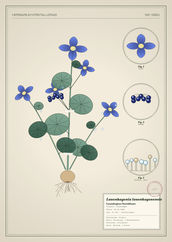 Botanische Tafel: Lauenhagenia lauenhagenensis, eine erfundene Pflanze aus Lauenhagen, gezeichnet wie in einem alten Pflanzenatlas