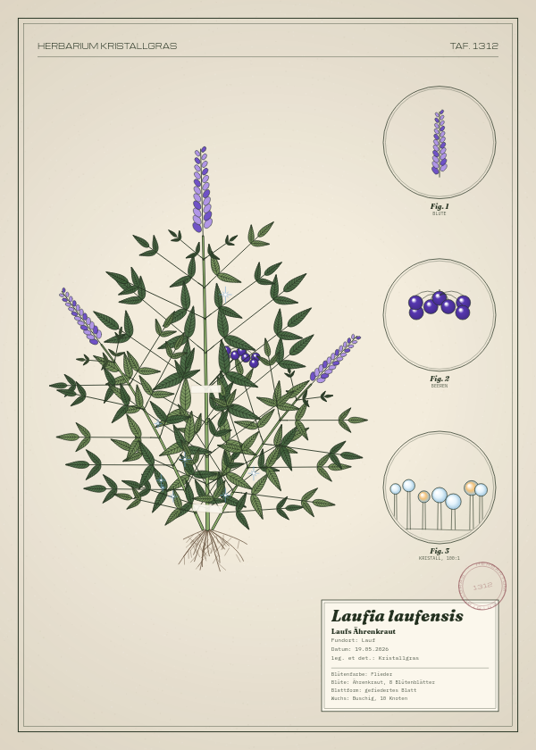 Botanische Tafel: Laufia laufensis, eine erfundene Pflanze aus Lauf, gezeichnet wie in einem alten Pflanzenatlas