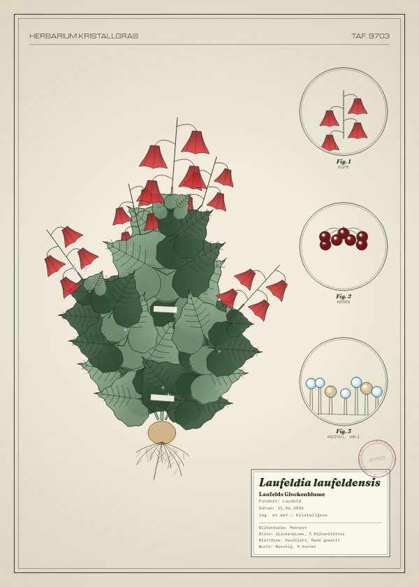 Botanische Tafel: Laufeldia laufeldensis, eine erfundene Pflanze aus Laufeld, gezeichnet wie in einem alten Pflanzenatlas