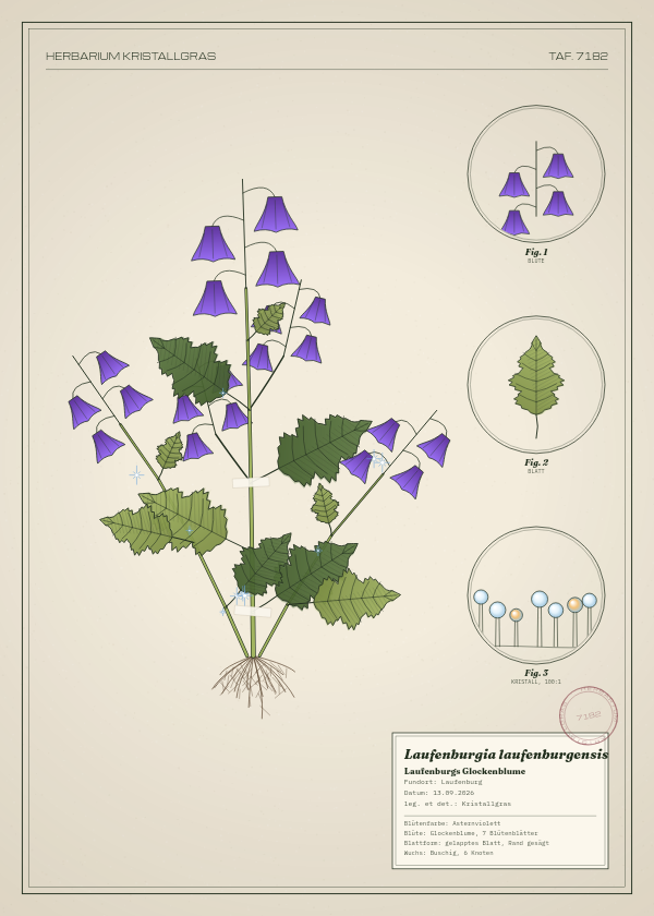 Botanische Tafel: Laufenburgia laufenburgensis, eine erfundene Pflanze aus Laufenburg, gezeichnet wie in einem alten Pflanzenatlas