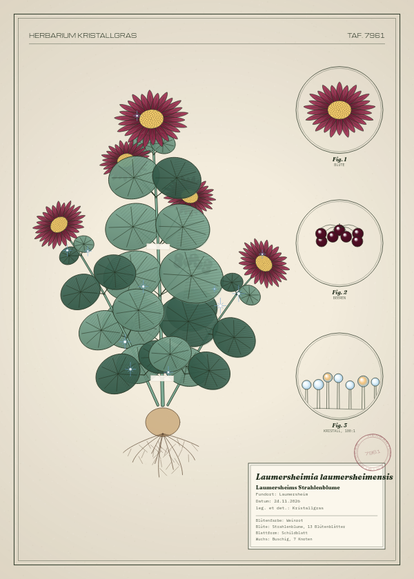 Botanische Tafel: Laumersheimia laumersheimensis, eine erfundene Pflanze aus Laumersheim, gezeichnet wie in einem alten Pflanzenatlas