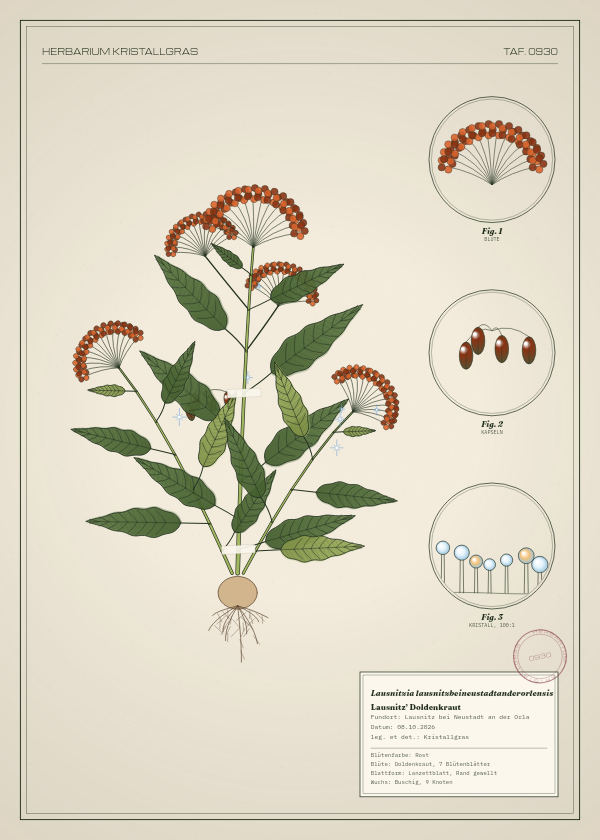 Botanische Tafel: Lausnitzia lausnitzbeineustadtanderorlensis, eine erfundene Pflanze aus Lausnitz bei Neustadt an der Orla, gezeichnet wie in einem alten Pflanzenatlas