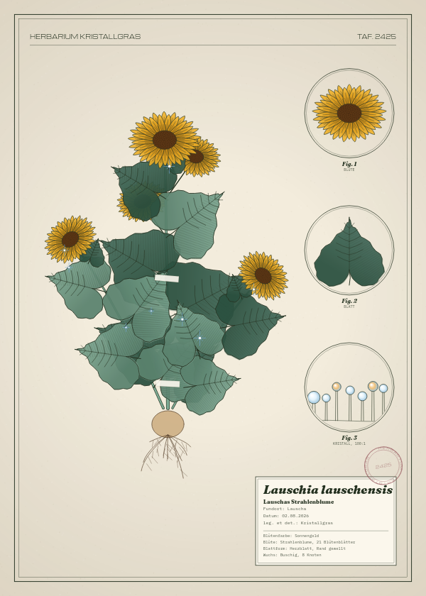 Botanische Tafel: Lauschia lauschensis, eine erfundene Pflanze aus Lauscha, gezeichnet wie in einem alten Pflanzenatlas
