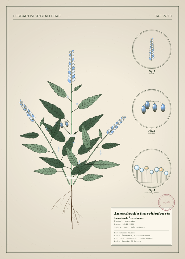 Botanische Tafel: Lauschiedia lauschiedensis, eine erfundene Pflanze aus Lauschied, gezeichnet wie in einem alten Pflanzenatlas