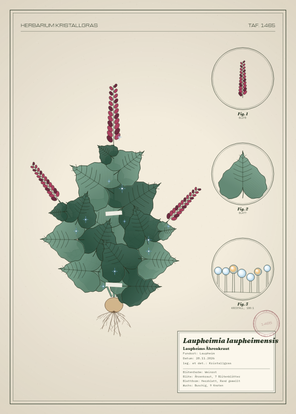 Botanische Tafel: Laupheimia laupheimensis, eine erfundene Pflanze aus Laupheim, gezeichnet wie in einem alten Pflanzenatlas