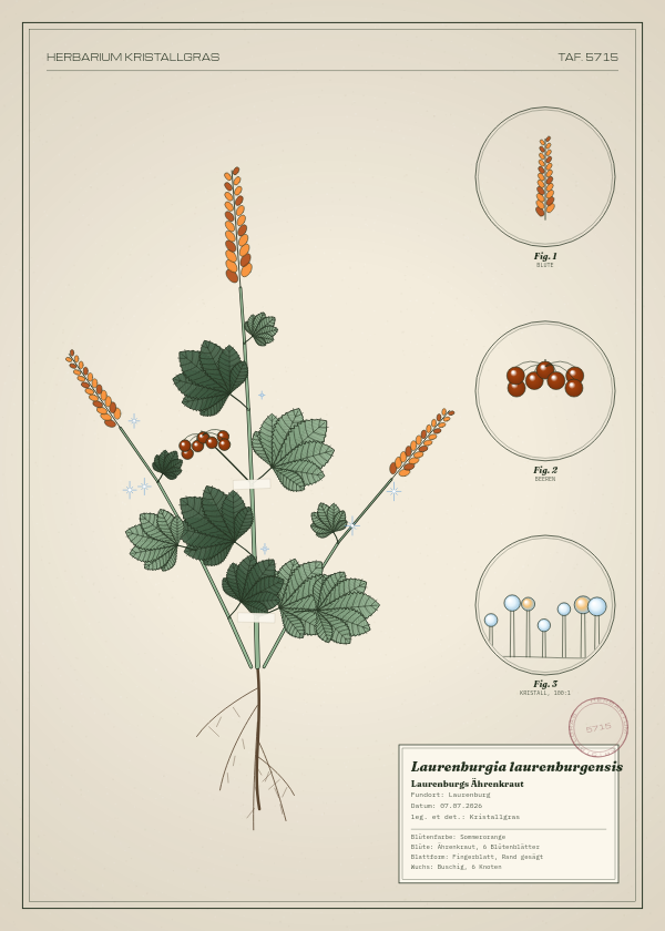 Botanische Tafel: Laurenburgia laurenburgensis, eine erfundene Pflanze aus Laurenburg, gezeichnet wie in einem alten Pflanzenatlas