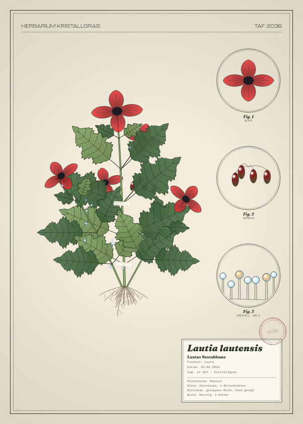 Botanische Tafel: Lautia lautensis, eine erfundene Pflanze aus Lauta, gezeichnet wie in einem alten Pflanzenatlas