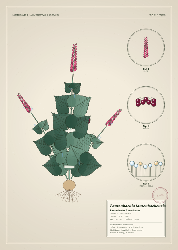 Botanische Tafel: Lautenbachia lautenbachensis, eine erfundene Pflanze aus Lautenbach, gezeichnet wie in einem alten Pflanzenatlas