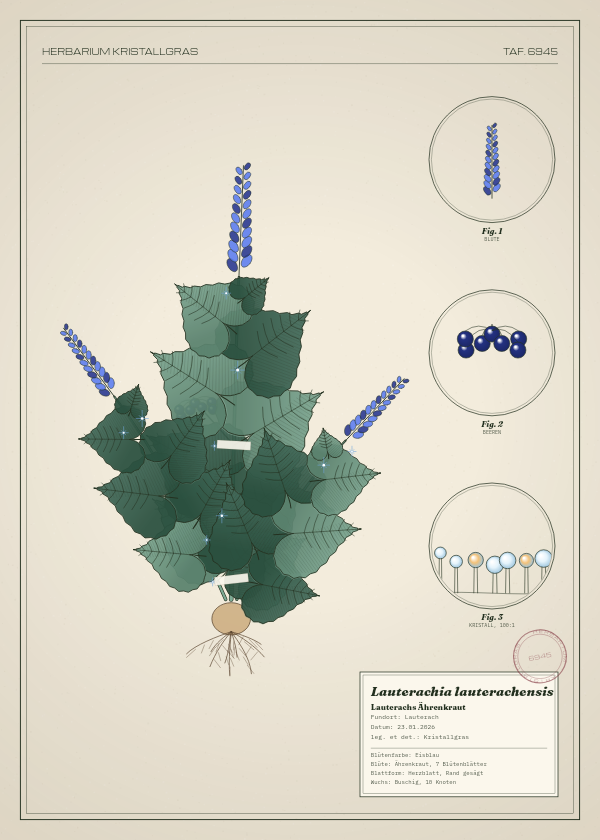 Botanische Tafel: Lauterachia lauterachensis, eine erfundene Pflanze aus Lauterach, gezeichnet wie in einem alten Pflanzenatlas