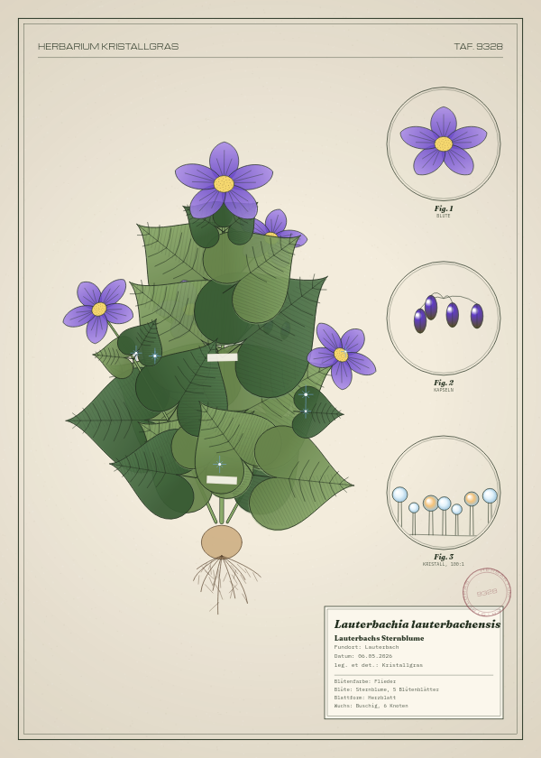 Botanische Tafel: Lauterbachia lauterbachensis, eine erfundene Pflanze aus Lauterbach, gezeichnet wie in einem alten Pflanzenatlas