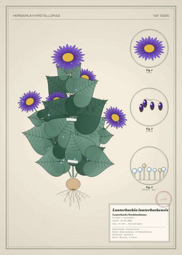 Botanische Tafel: Lauterbachia lauterbachensis, eine erfundene Pflanze aus Lauterbach, gezeichnet wie in einem alten Pflanzenatlas