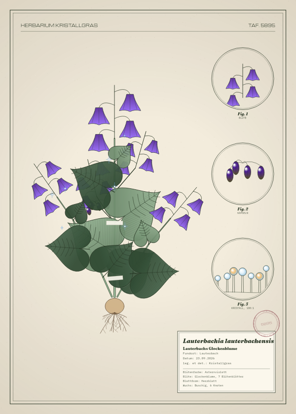 Botanische Tafel: Lauterbachia lauterbachensis, eine erfundene Pflanze aus Lauterbach, gezeichnet wie in einem alten Pflanzenatlas