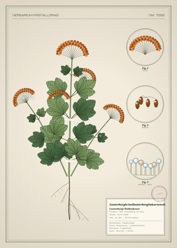 Botanische Tafel: Lauterbergia badlauterbergimharzensis, eine erfundene Pflanze aus Bad Lauterberg im Harz, gezeichnet wie in einem alten Pflanzenatlas