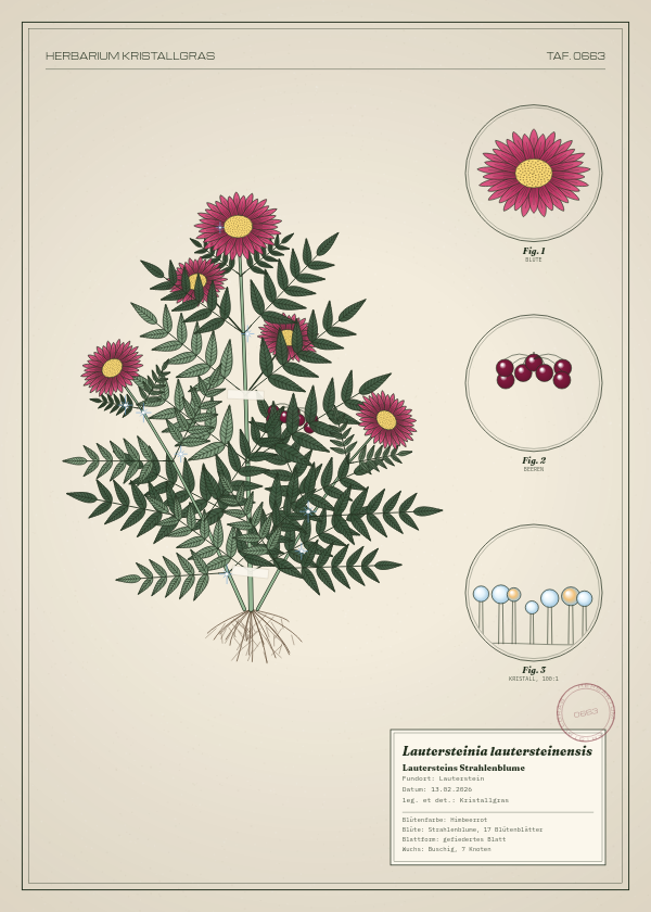 Botanische Tafel: Lautersteinia lautersteinensis, eine erfundene Pflanze aus Lauterstein, gezeichnet wie in einem alten Pflanzenatlas