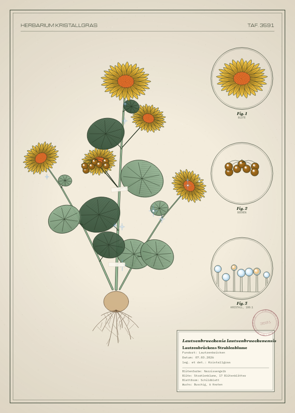 Botanische Tafel: Lautzenbrueckenia lautzenbrueckenensis, eine erfundene Pflanze aus Lautzenbrücken, gezeichnet wie in einem alten Pflanzenatlas