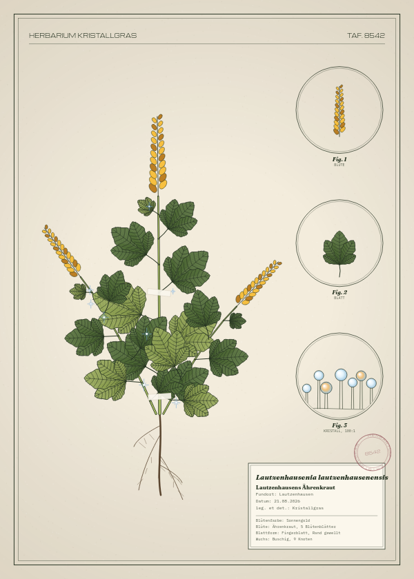 Botanische Tafel: Lautzenhausenia lautzenhausenensis, eine erfundene Pflanze aus Lautzenhausen, gezeichnet wie in einem alten Pflanzenatlas