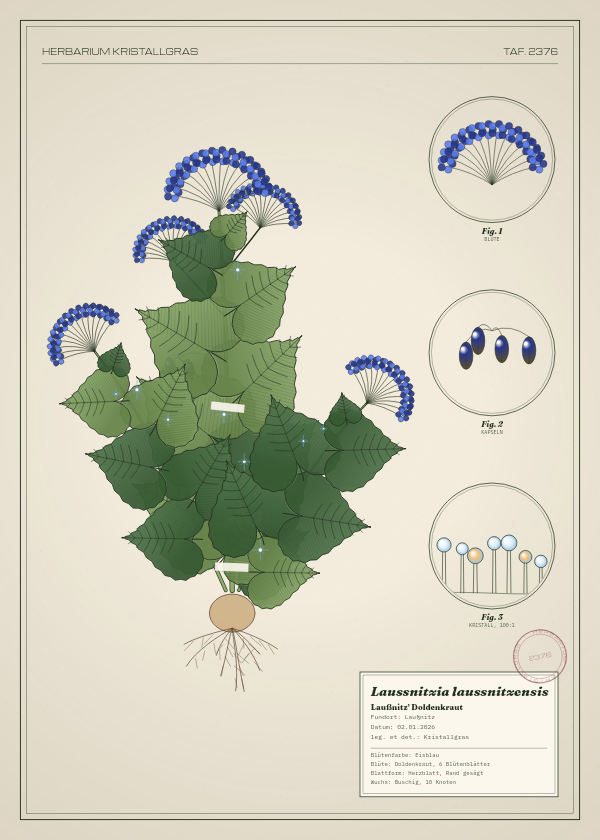 Botanische Tafel: Laussnitzia laussnitzensis, eine erfundene Pflanze aus Laußnitz, gezeichnet wie in einem alten Pflanzenatlas